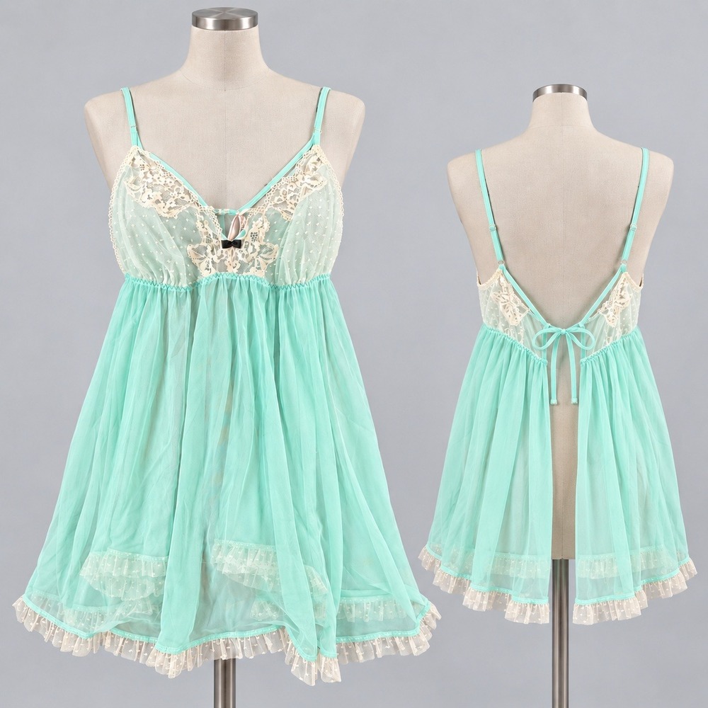 Victoria's Secret Y2k Mint Green Sheer Lace Babydoll Open Back Lingerie